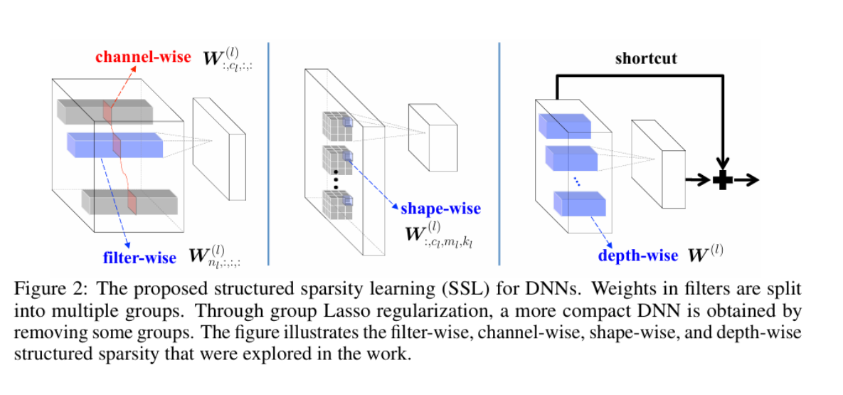 Filter-wise, channel-wise, shape-wise, and depth-wise structured sparsity